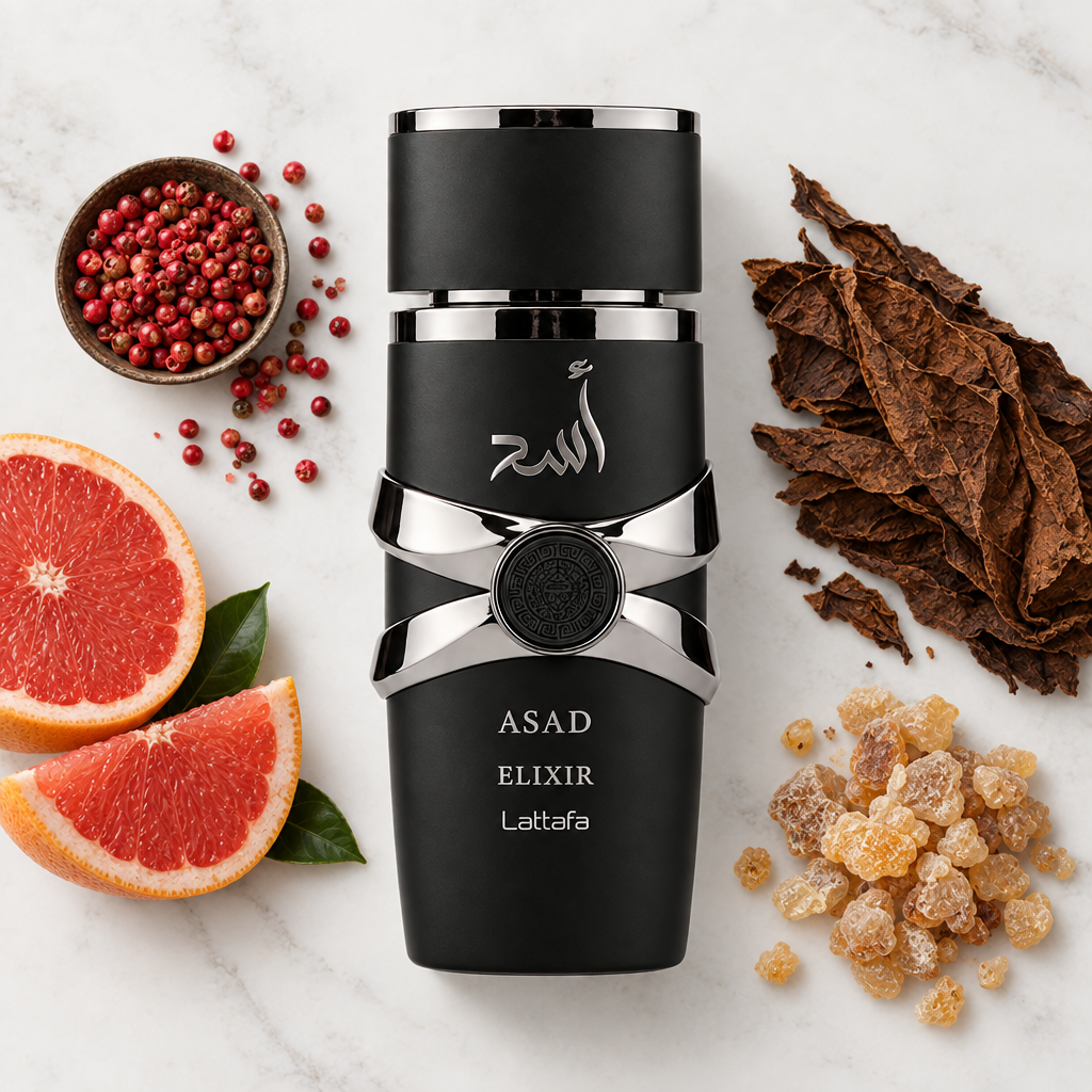 Lattafa Asad Elixir with fragrance notes