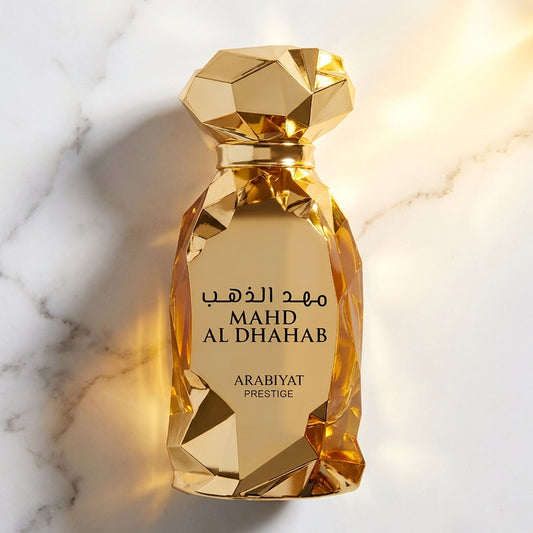 Arabiyat Prestige Mahd Al Dhahab bottle on marble